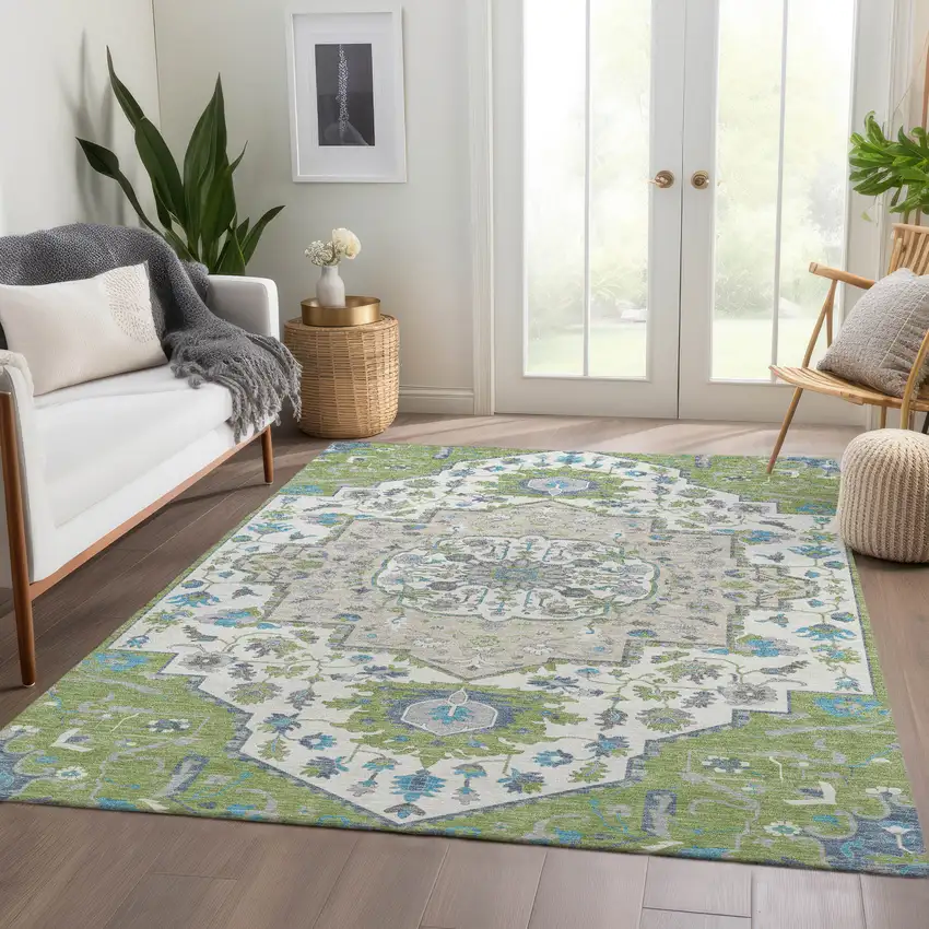Artichoke Green Ivory And Blue Oriental Washable Area Rug With UV Protection Photo 5