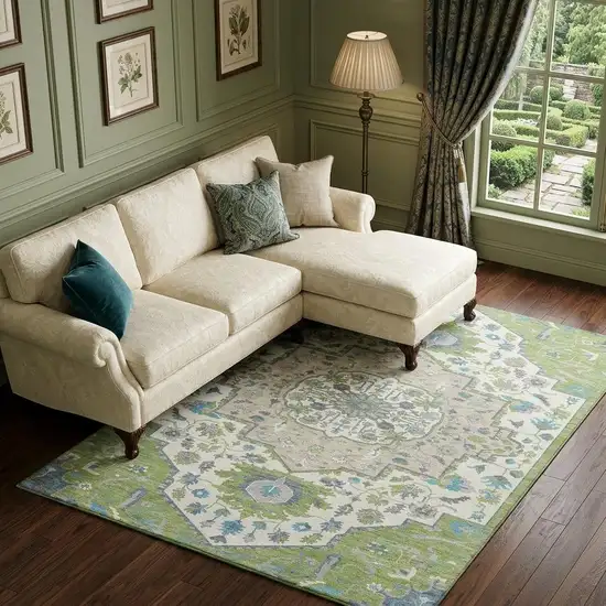 Artichoke Green Ivory And Blue Oriental Washable Area Rug With UV Protection Photo 1