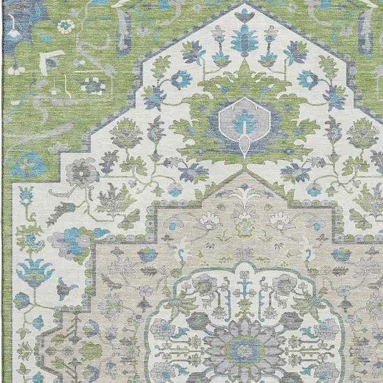 Artichoke Green Ivory And Blue Oriental Washable Area Rug With UV Protection Photo 2