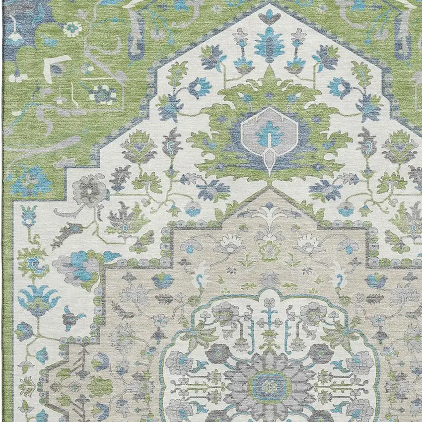 Artichoke Green Ivory And Blue Oriental Washable Area Rug With UV Protection Photo 2