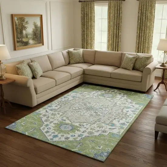 Artichoke Green Ivory And Blue Oriental Washable Area Rug With UV Protection Photo 2