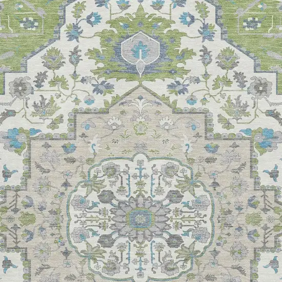 Artichoke Green Ivory And Blue Oriental Washable Area Rug With UV Protection Photo 2