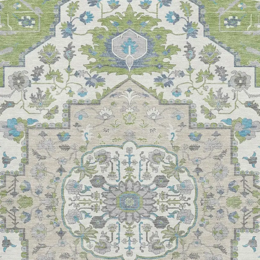 Artichoke Green Ivory And Blue Oriental Washable Area Rug With UV Protection Photo 2