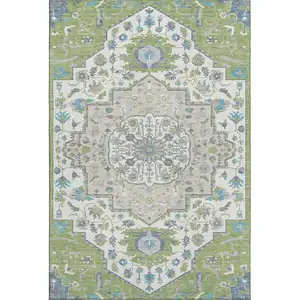 Photo of Artichoke Green Ivory And Blue Oriental Washable Area Rug With UV Protection