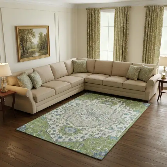 Artichoke Green Ivory And Blue Oriental Washable Area Rug With UV Protection Photo 2