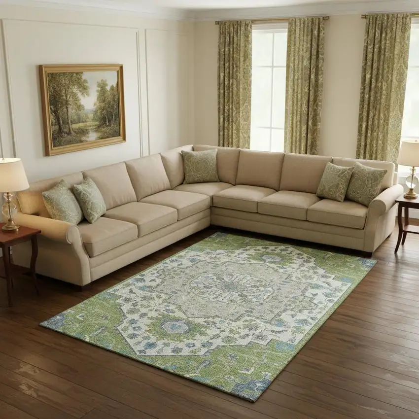 Artichoke Green Ivory And Blue Oriental Washable Area Rug With UV Protection Photo 2