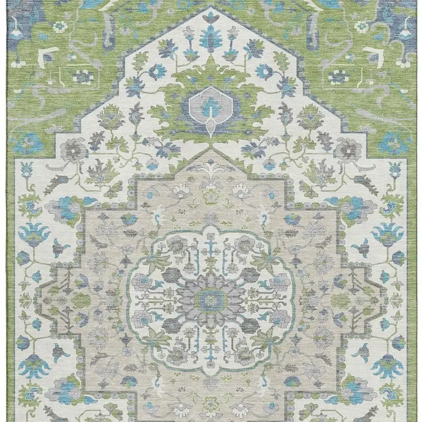 Artichoke Green Ivory And Blue Oriental Washable Area Rug With UV Protection Photo 3