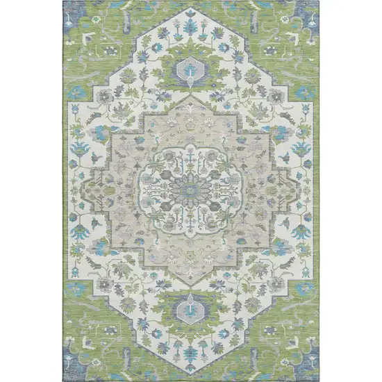 Artichoke Green Ivory And Blue Oriental Washable Area Rug With UV Protection Photo 1
