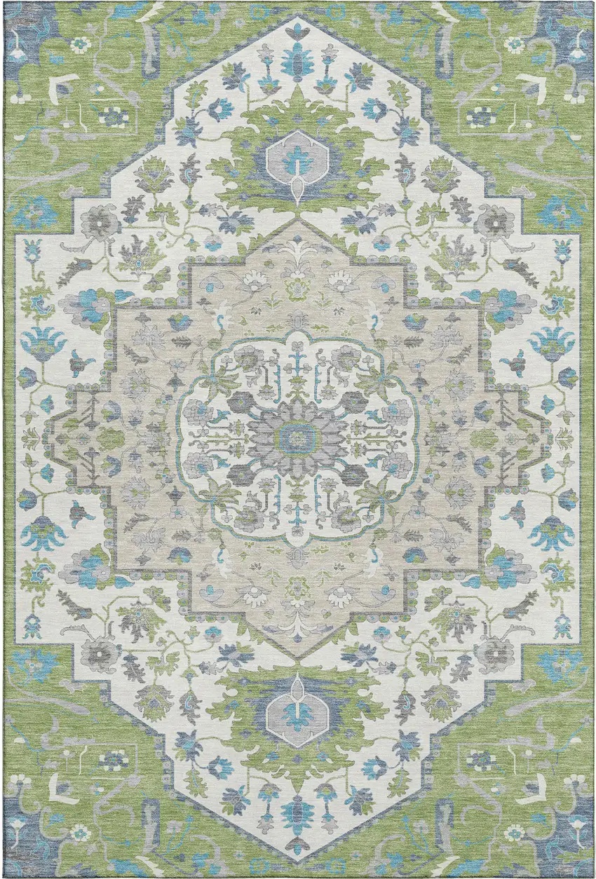 Artichoke Green Ivory And Blue Oriental Washable Area Rug With UV Protection Photo 1