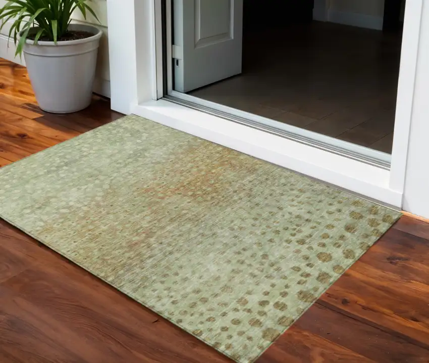 Artichoke Green Ivory And Brown Abstract Washable Indoor Outdoor Area Rug Photo 1