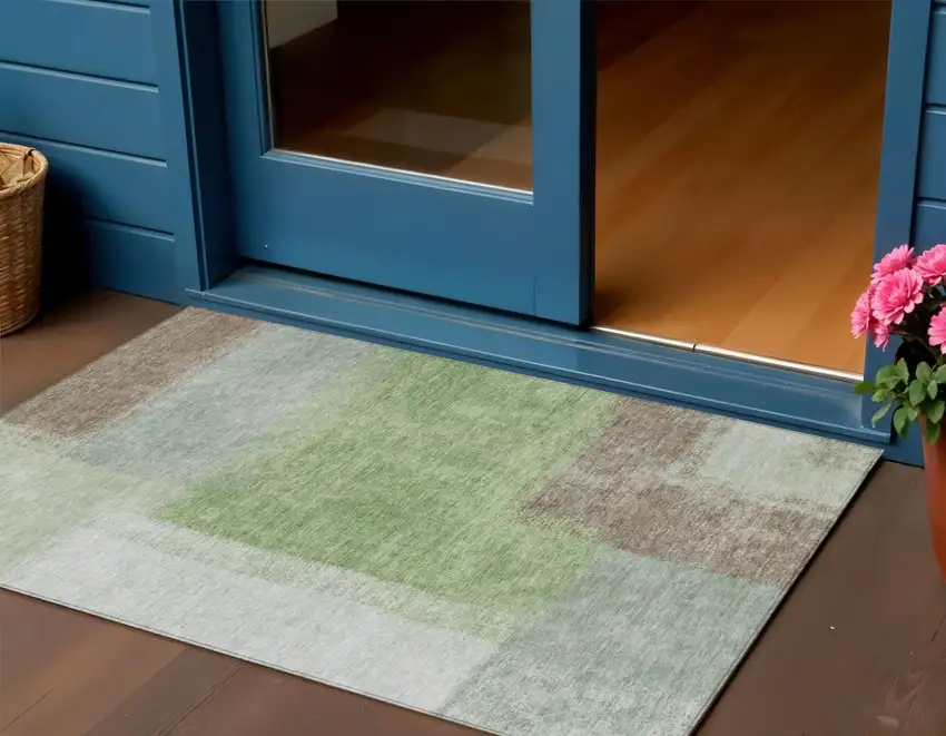 Artichoke Green Ivory And Brown Abstract Washable Indoor Outdoor Area Rug Photo 1