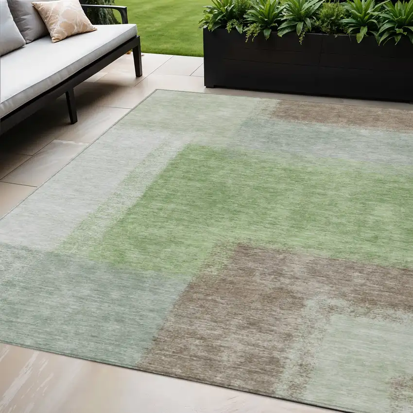 Artichoke Green Ivory And Brown Abstract Washable Indoor Outdoor Area Rug Photo 1