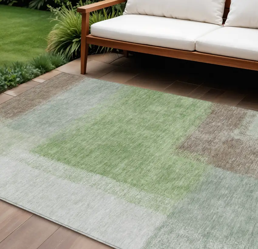 Artichoke Green Ivory And Brown Abstract Washable Indoor Outdoor Area Rug Photo 1
