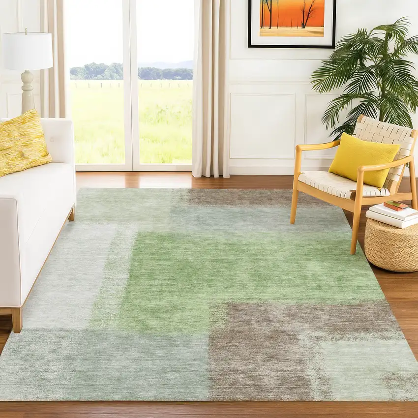 Artichoke Green Ivory And Brown Abstract Washable Indoor Outdoor Area Rug Photo 9