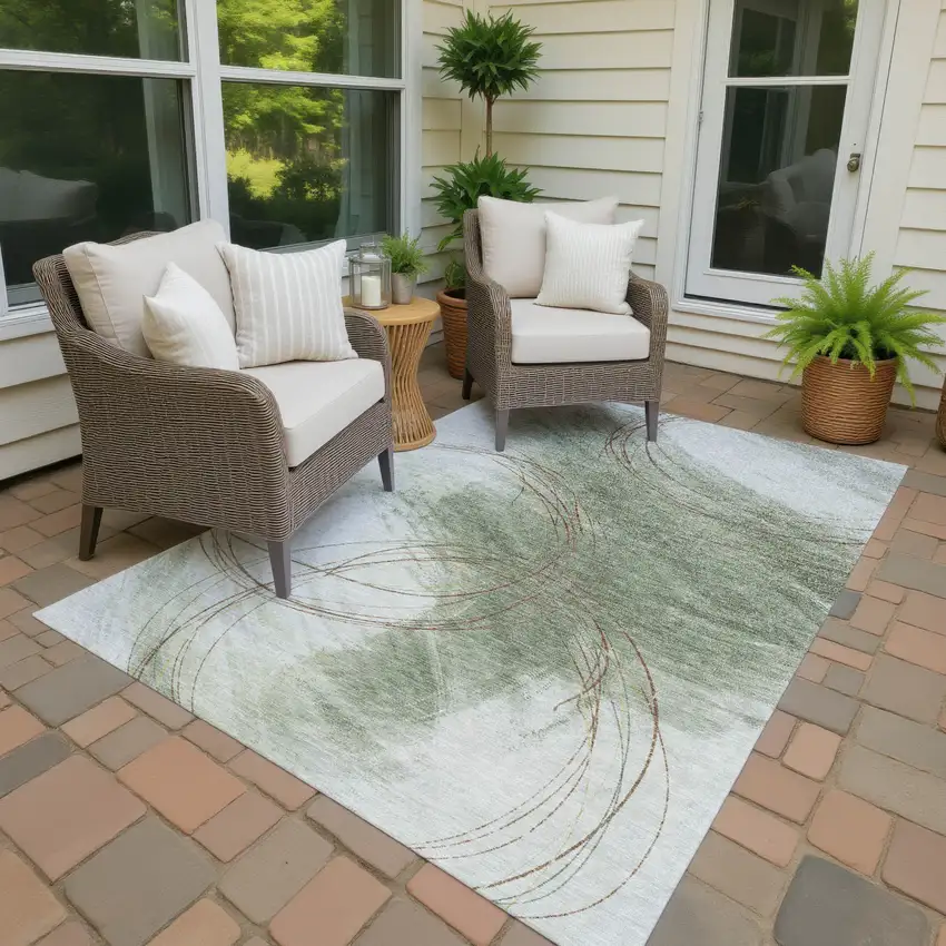 Artichoke Green Ivory And Brown Abstract Washable Indoor Outdoor Area Rug Photo 2