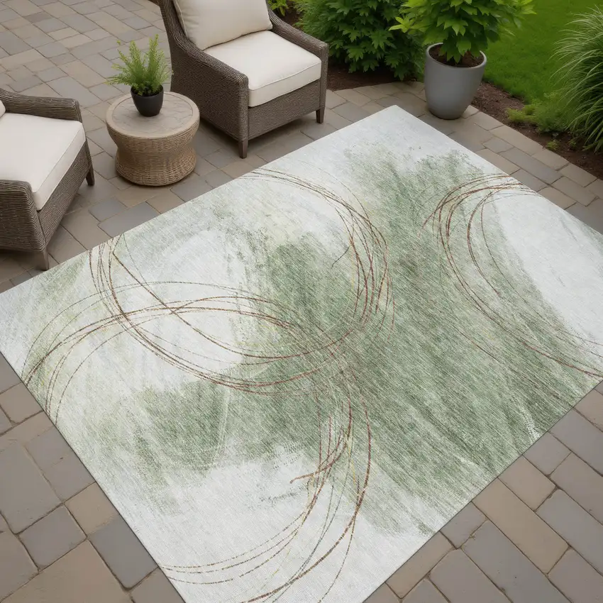 Artichoke Green Ivory And Brown Abstract Washable Indoor Outdoor Area Rug Photo 6