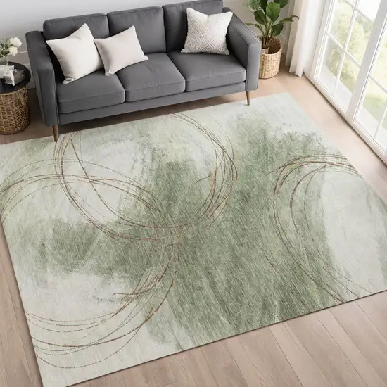 Artichoke Green Ivory And Brown Abstract Washable Indoor Outdoor Area Rug Photo 3