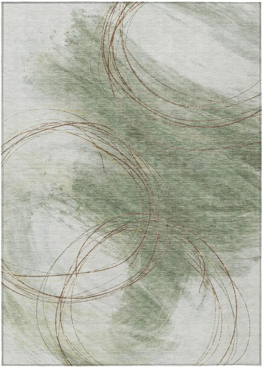 Artichoke Green Ivory And Brown Abstract Washable Indoor Outdoor Area Rug Photo 7
