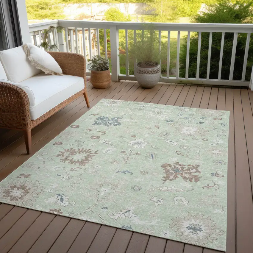 Artichoke Green Ivory And Brown Floral Washable Indoor Outdoor Area Rug Photo 5