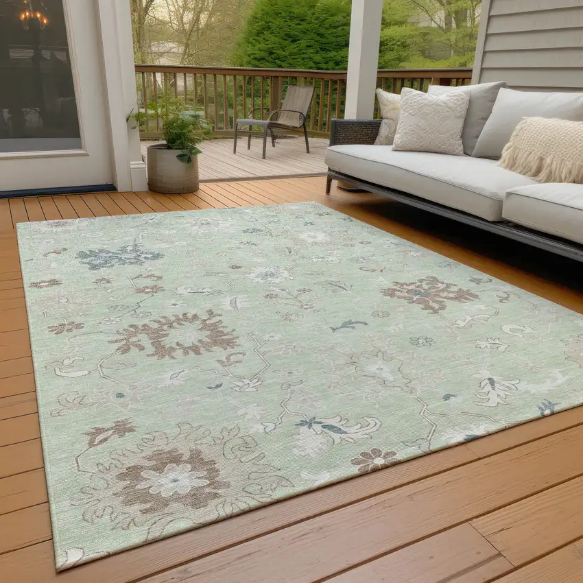 Artichoke Green Ivory And Brown Floral Washable Indoor Outdoor Area Rug Photo 8
