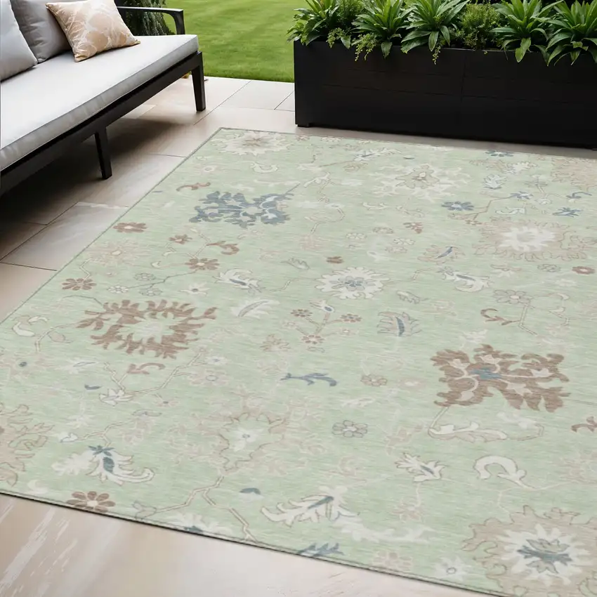 Artichoke Green Ivory And Brown Floral Washable Indoor Outdoor Area Rug Photo 2