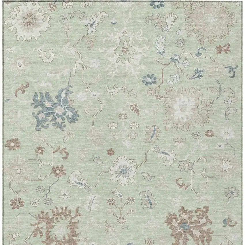 Artichoke Green Ivory And Brown Floral Washable Indoor Outdoor Area Rug Photo 9