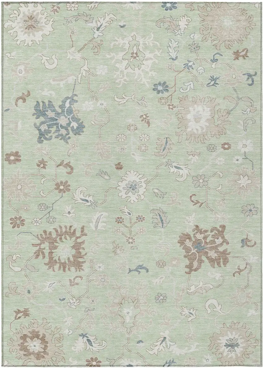 Artichoke Green Ivory And Brown Floral Washable Indoor Outdoor Area Rug Photo 1