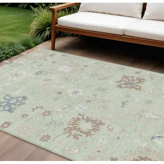 Artichoke Green Ivory And Brown Floral Washable Indoor Outdoor Area Rug Photo 2
