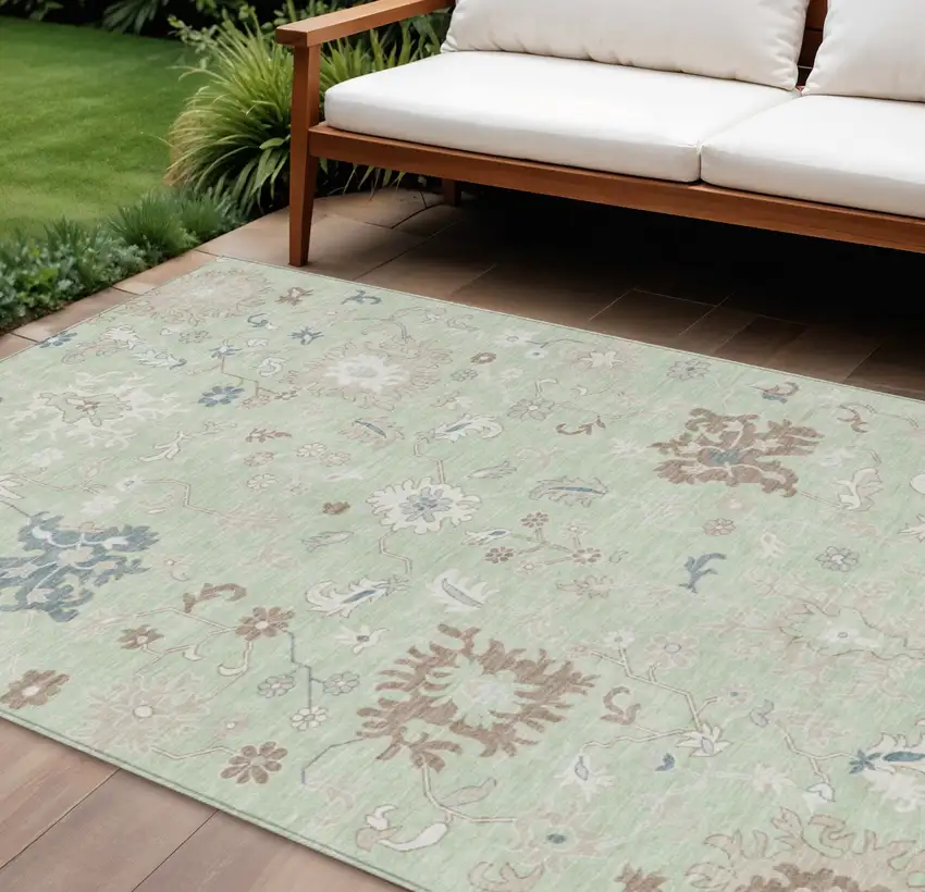 Artichoke Green Ivory And Brown Floral Washable Indoor Outdoor Area Rug Photo 2