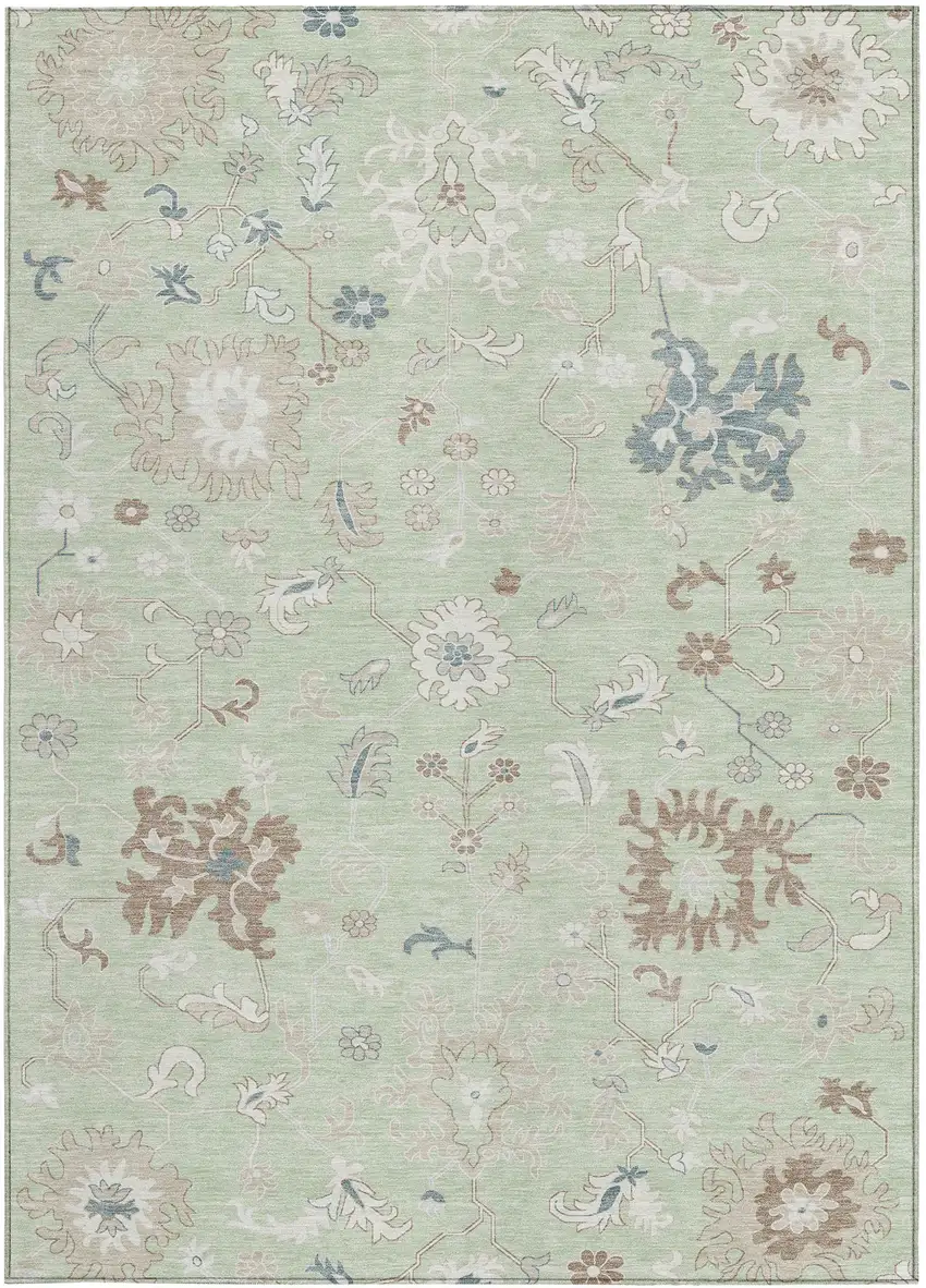 Artichoke Green Ivory And Brown Floral Washable Indoor Outdoor Area Rug Photo 3