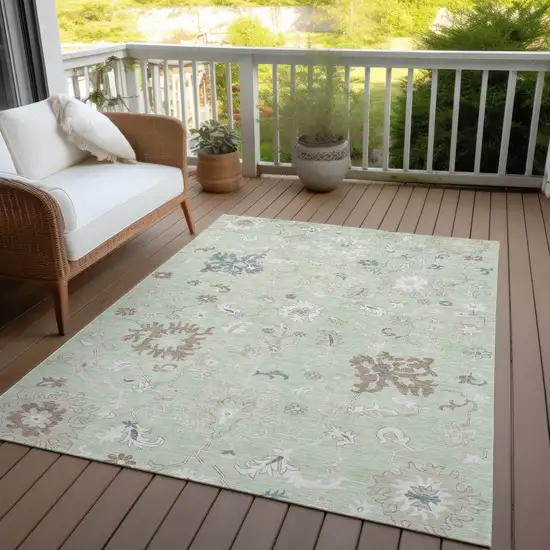 Artichoke Green Ivory And Brown Floral Washable Indoor Outdoor Area Rug Photo 5