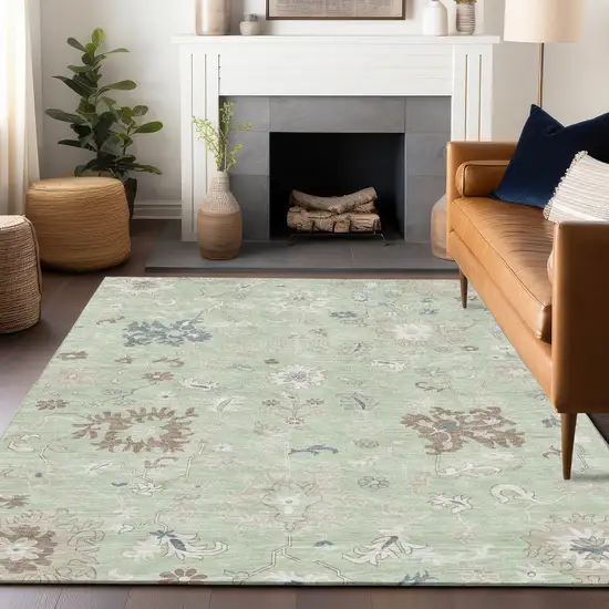 Artichoke Green Ivory And Brown Floral Washable Indoor Outdoor Area Rug Photo 6