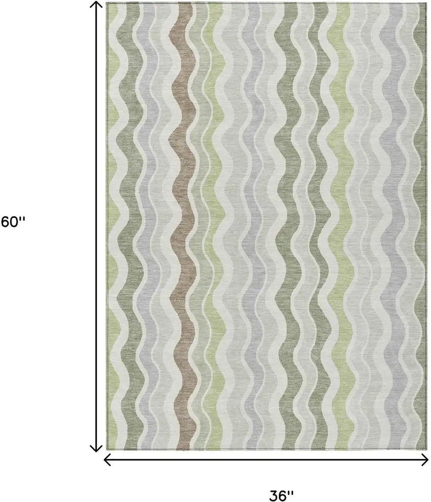 Artichoke Green Ivory And Brown Striped Washable Indoor Outdoor Area Rug Photo 3