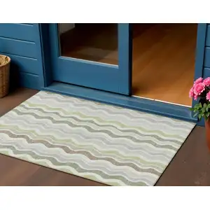 Photo of Artichoke Green Ivory And Brown Striped Washable Indoor Outdoor Area Rug