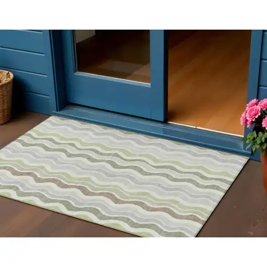 Artichoke Green Ivory And Brown Striped Washable Indoor Outdoor Area Rug Photo 1