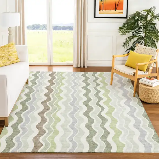 Artichoke Green Ivory And Brown Striped Washable Indoor Outdoor Area Rug Photo 9