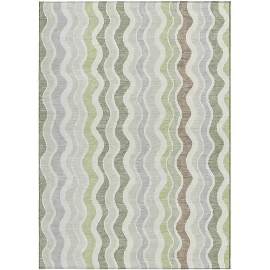 Artichoke Green Ivory And Brown Striped Washable Indoor Outdoor Area Rug Photo 4