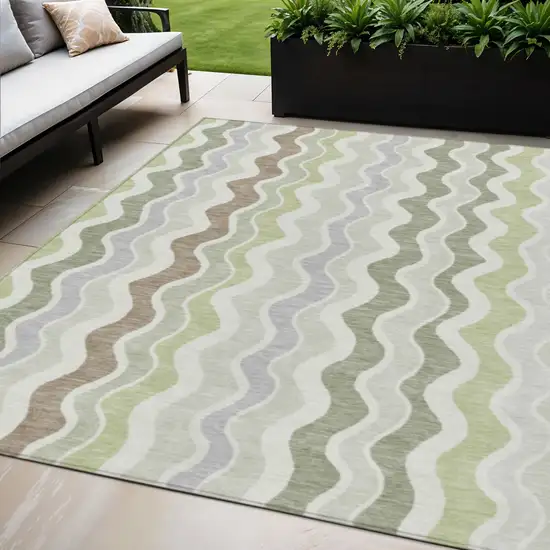 Artichoke Green Ivory And Brown Striped Washable Indoor Outdoor Area Rug Photo 1