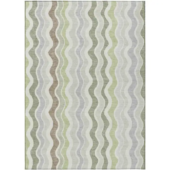 Artichoke Green Ivory And Brown Striped Washable Indoor Outdoor Area Rug Photo 2