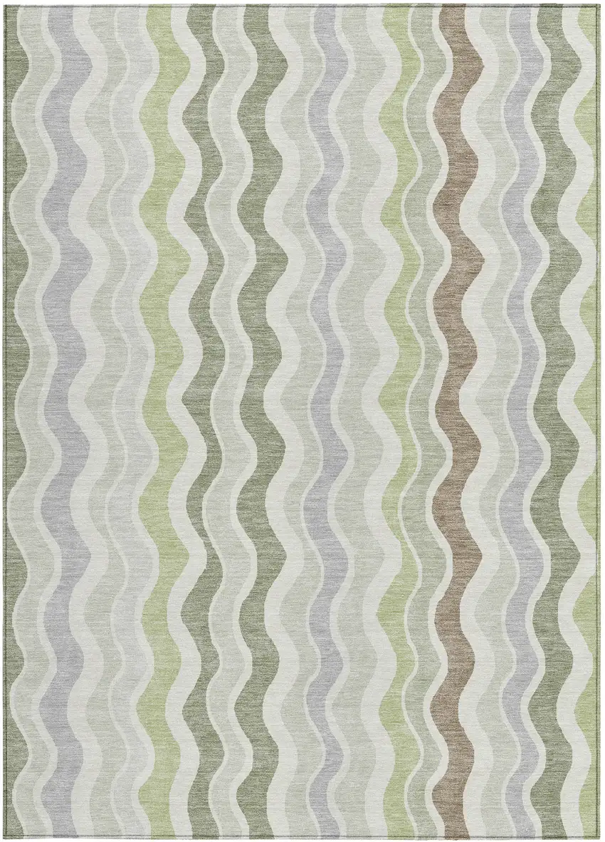 Artichoke Green Ivory And Brown Striped Washable Indoor Outdoor Area Rug Photo 4