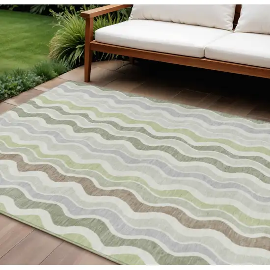 Artichoke Green Ivory And Brown Striped Washable Indoor Outdoor Area Rug Photo 1