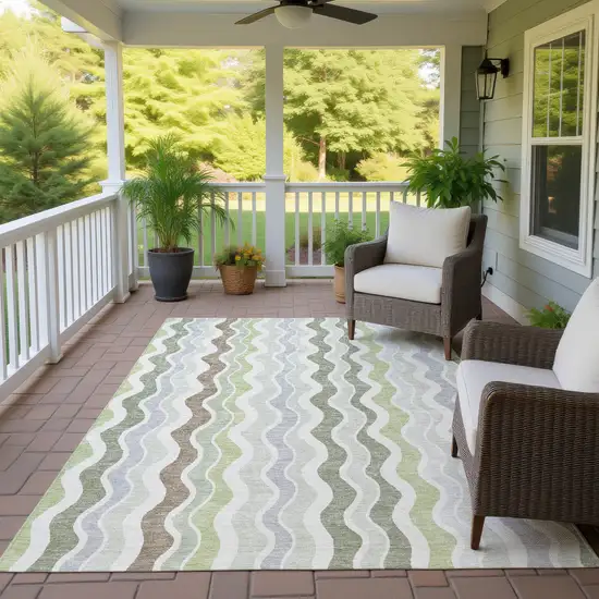 Artichoke Green Ivory And Brown Striped Washable Indoor Outdoor Area Rug Photo 9