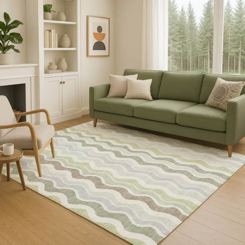 Artichoke Green Ivory And Brown Striped Washable Indoor Outdoor Area Rug Photo 8