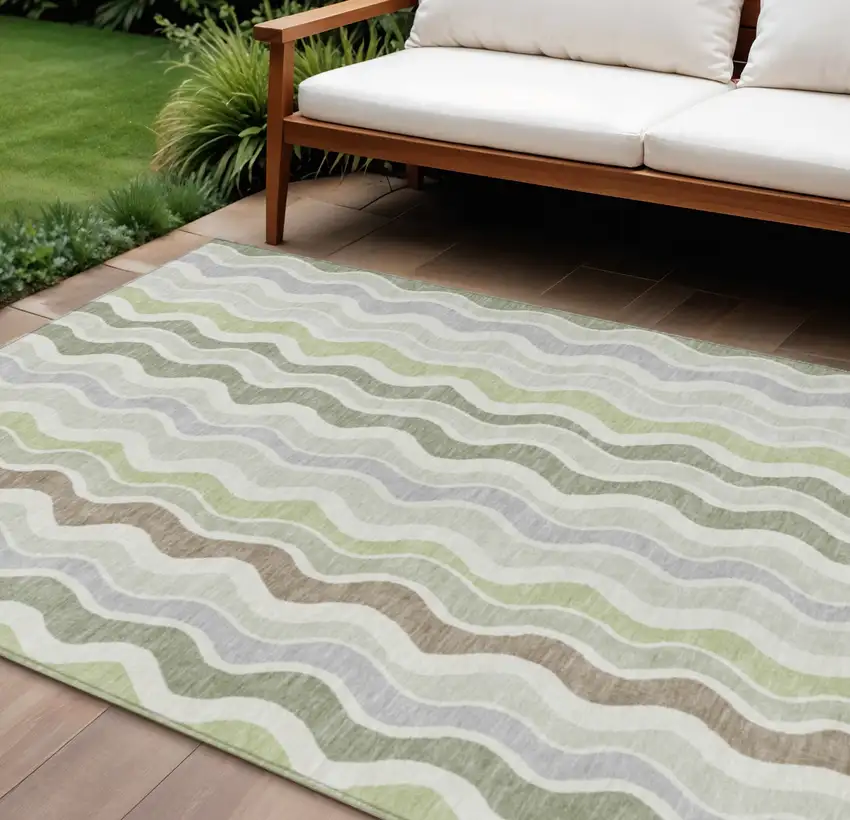 Artichoke Green Ivory And Brown Striped Washable Indoor Outdoor Area Rug Photo 1