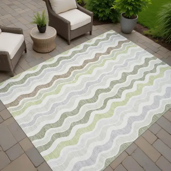 Artichoke Green Ivory And Brown Striped Washable Indoor Outdoor Area Rug Photo 6