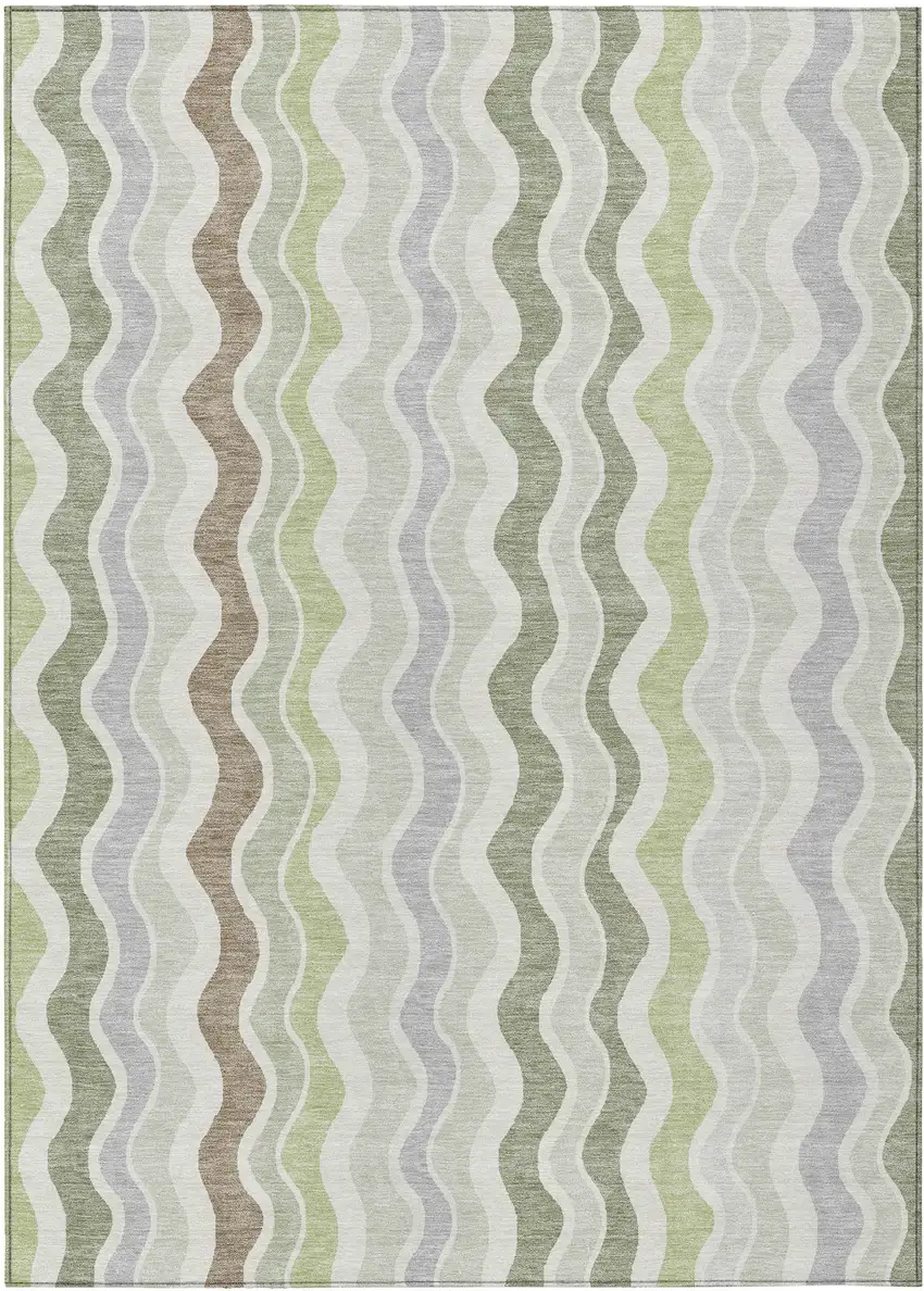 Artichoke Green Ivory And Brown Striped Washable Indoor Outdoor Area Rug Photo 2