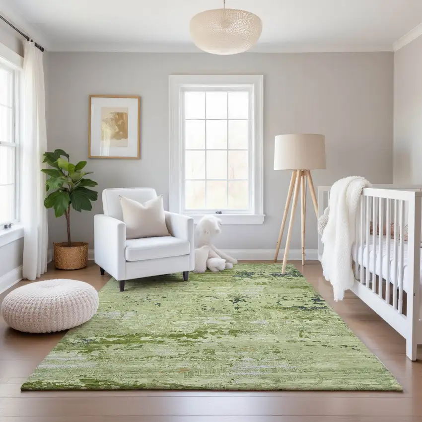 Artichoke Green Ivory And Charcoal Abstract Washable Area Rug With UV Protection Photo 5