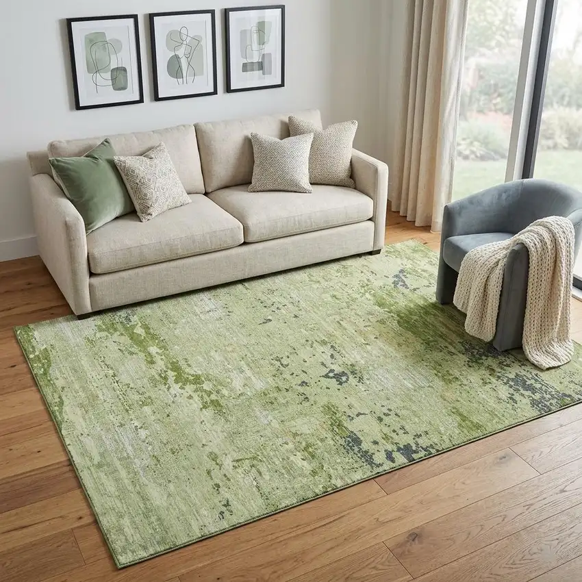 Artichoke Green Ivory And Charcoal Abstract Washable Area Rug With UV Protection Photo 1