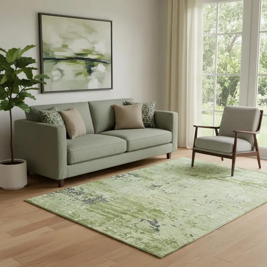 Artichoke Green Ivory And Charcoal Abstract Washable Area Rug With UV Protection Photo 2