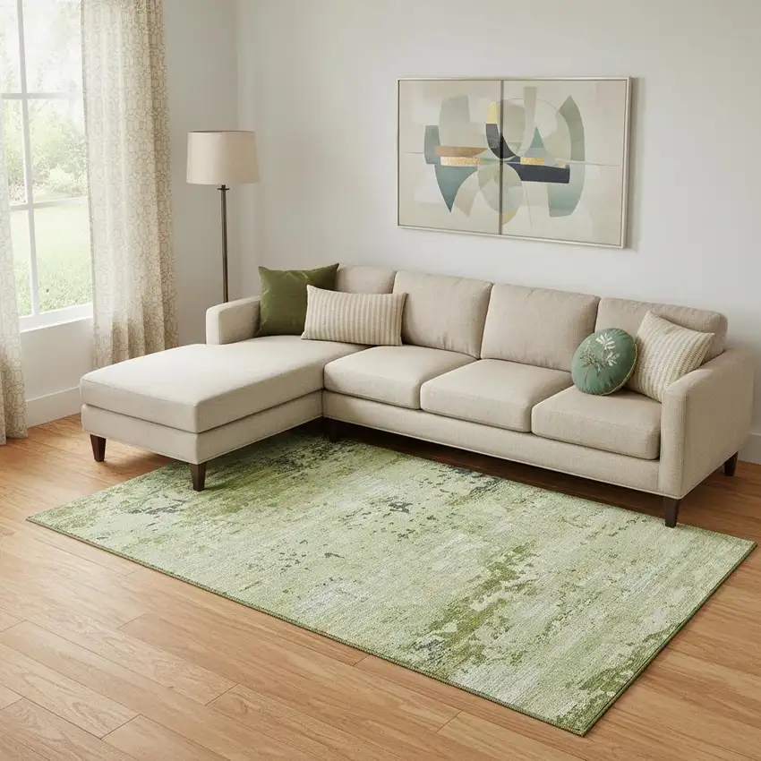 Artichoke Green Ivory And Charcoal Abstract Washable Area Rug With UV Protection Photo 2
